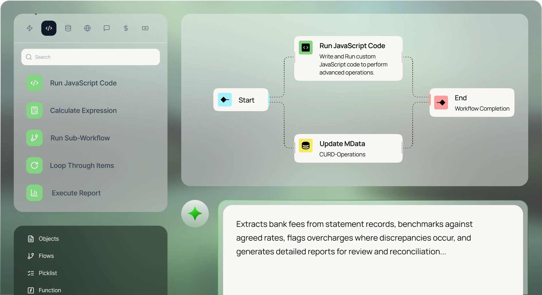 User interface showing a workflow with a start node branching to 'Run JavaScript Code' and 'Update MData' tasks, converging at an end node, alongside a sidebar with options like 'Run JavaScript Code', 'Calculate Expression', and a text box explaining bank fee extraction and reconciliation.