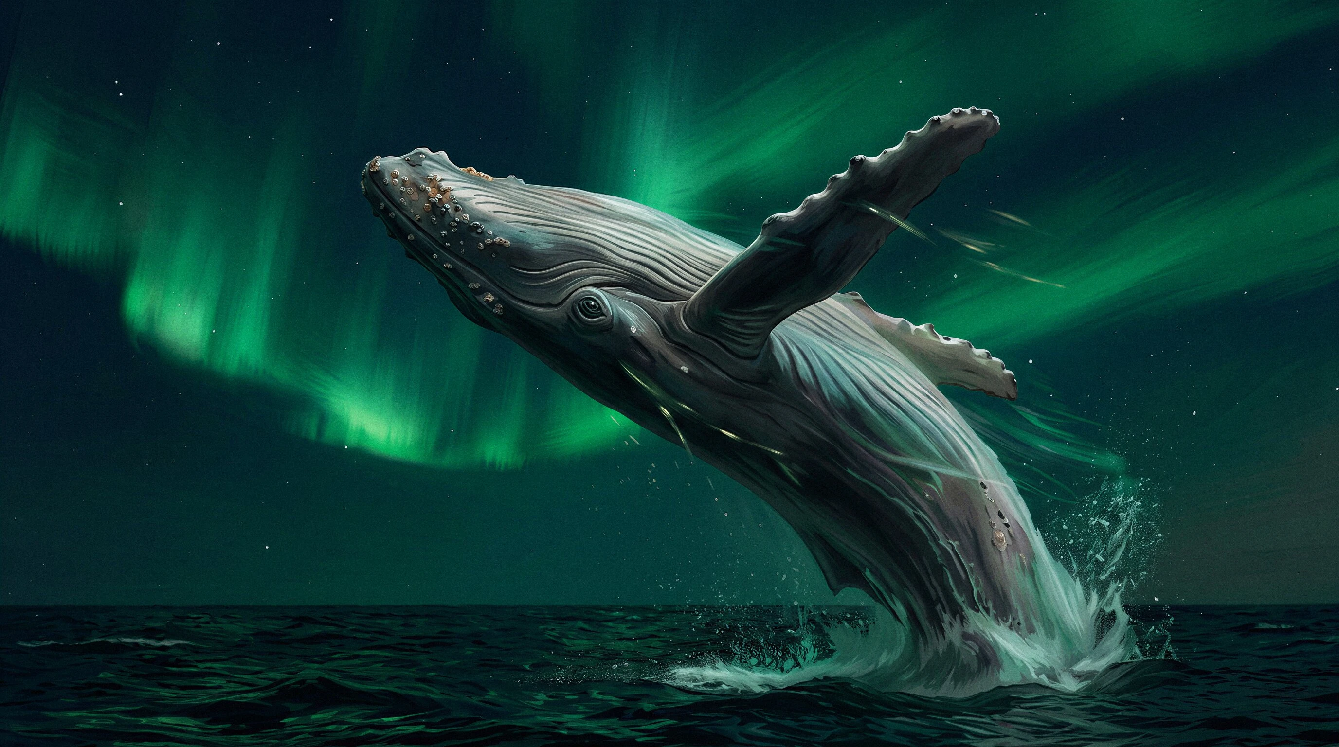 Humpback whale breaching out of dark ocean water with green northern lights illuminating the night sky.