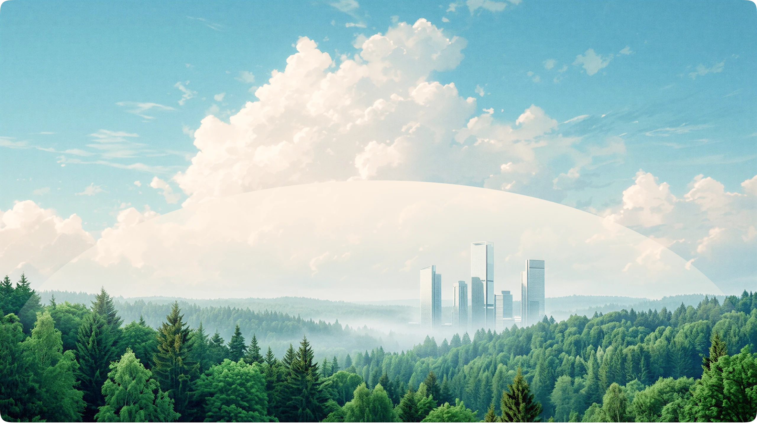 Futuristic city skyline surrounded by dense green forest with a large translucent dome overhead under a blue sky with fluffy clouds.