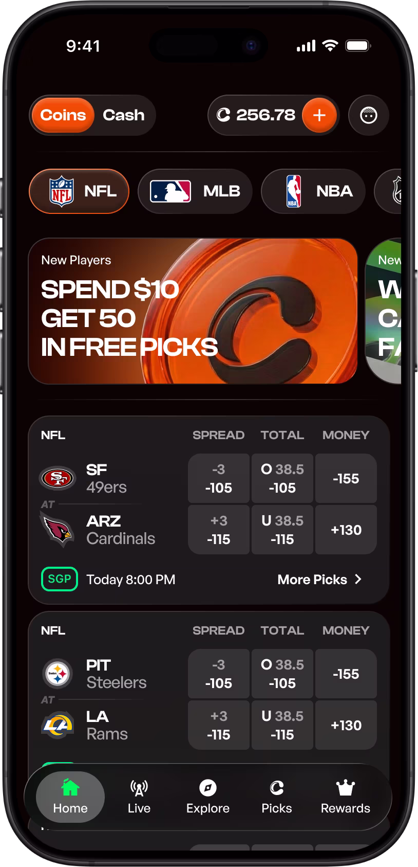 Mobile sports app showing NFL game odds for 49ers vs Cardinals and Steelers vs Rams with spread, total, and money line, plus navigation bar with Home, Live, Explore, Picks, and Rewards.