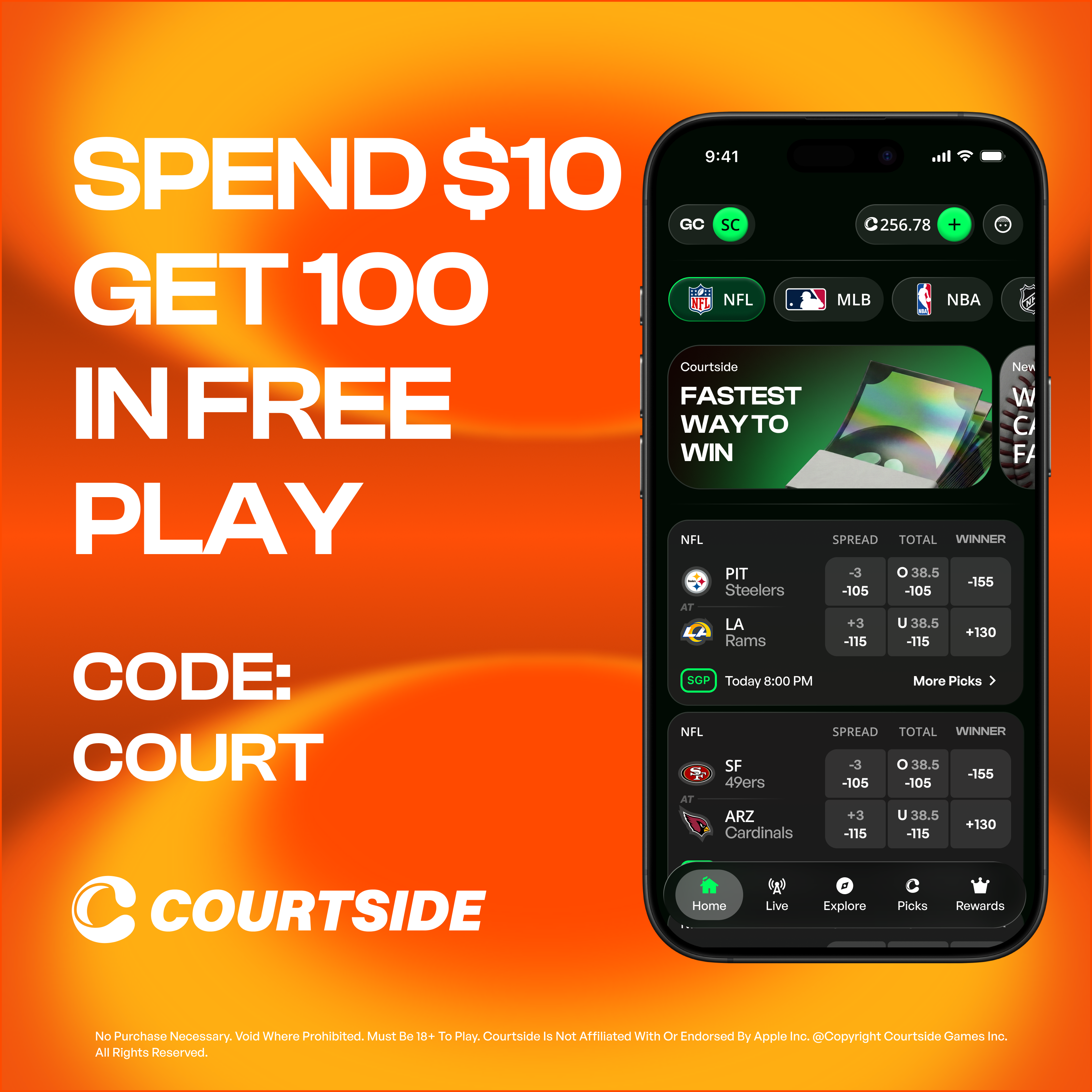Courtside promo code COURT — Spend $10, Get 100 in Free Play sign-up offer