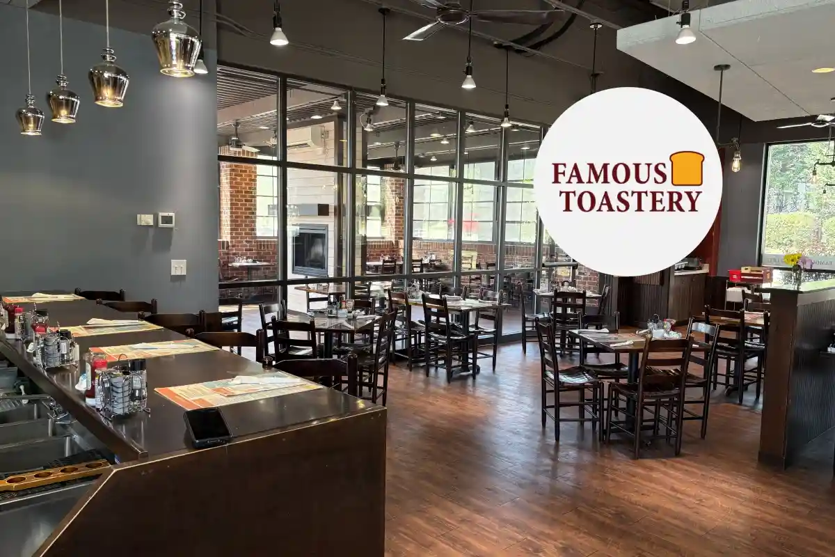 Interior seating area in Famous Toastery