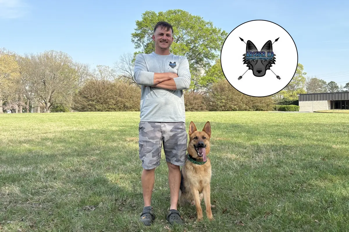 The owner of Archer K9 stands with a trained dog