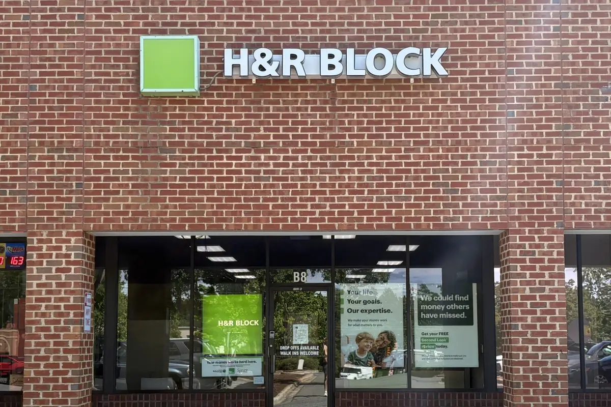 H&R Block tax office storefront with entrance and signage