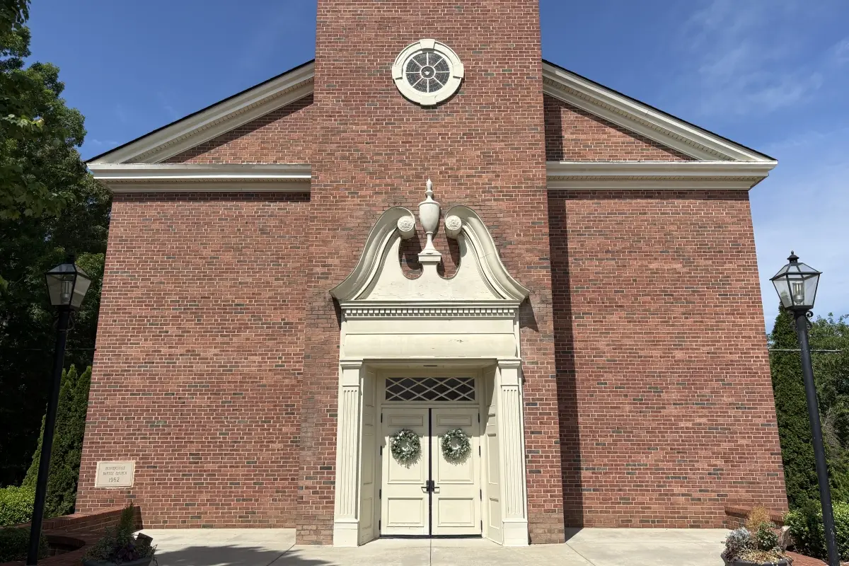 First Baptist Church building entrance with double doors