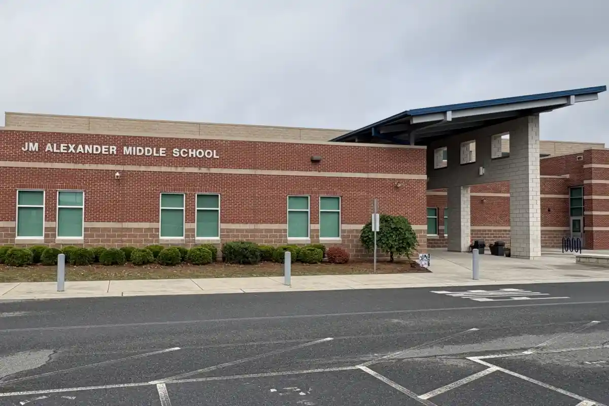 Front entrance to the J.M. Alexander Middle School with drop-off lane