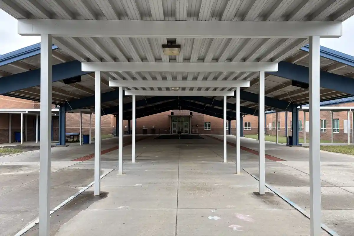 Covered entrance leading into Lake Norman Charter Middle School