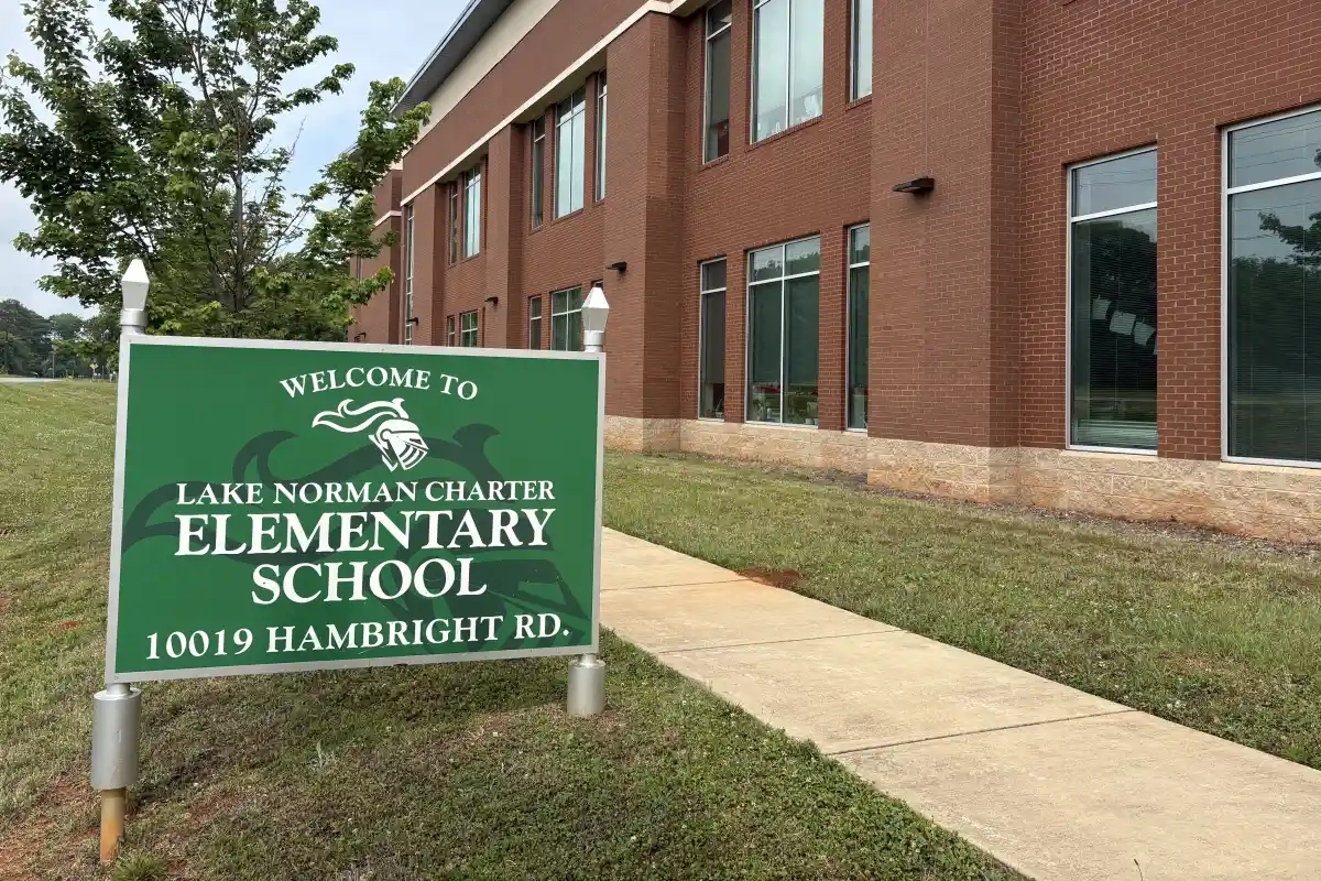 Sign for Lake Norman Charter Elementary School outside the building