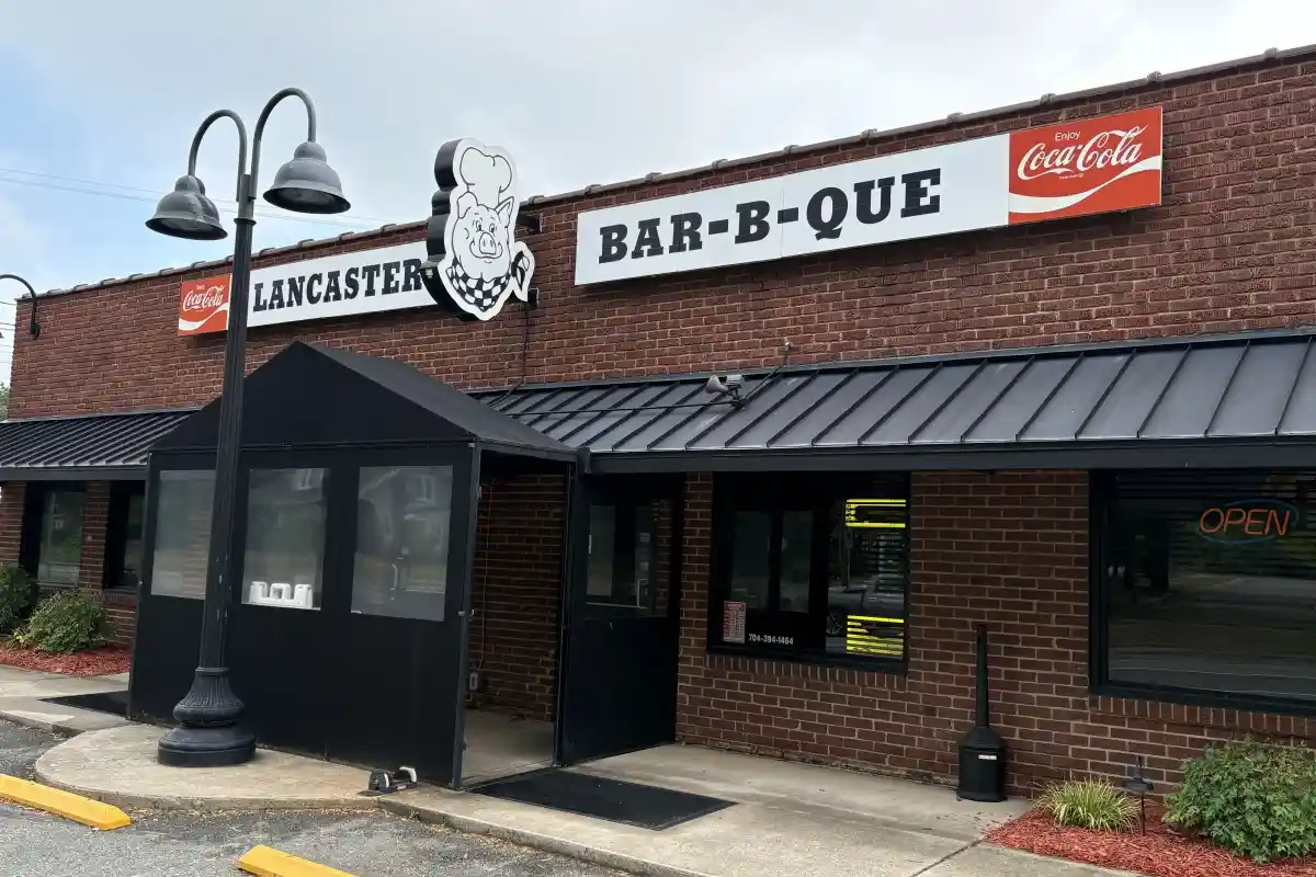 Exterior sign and entrance at Lancaster's Bar-B-Que restaurant