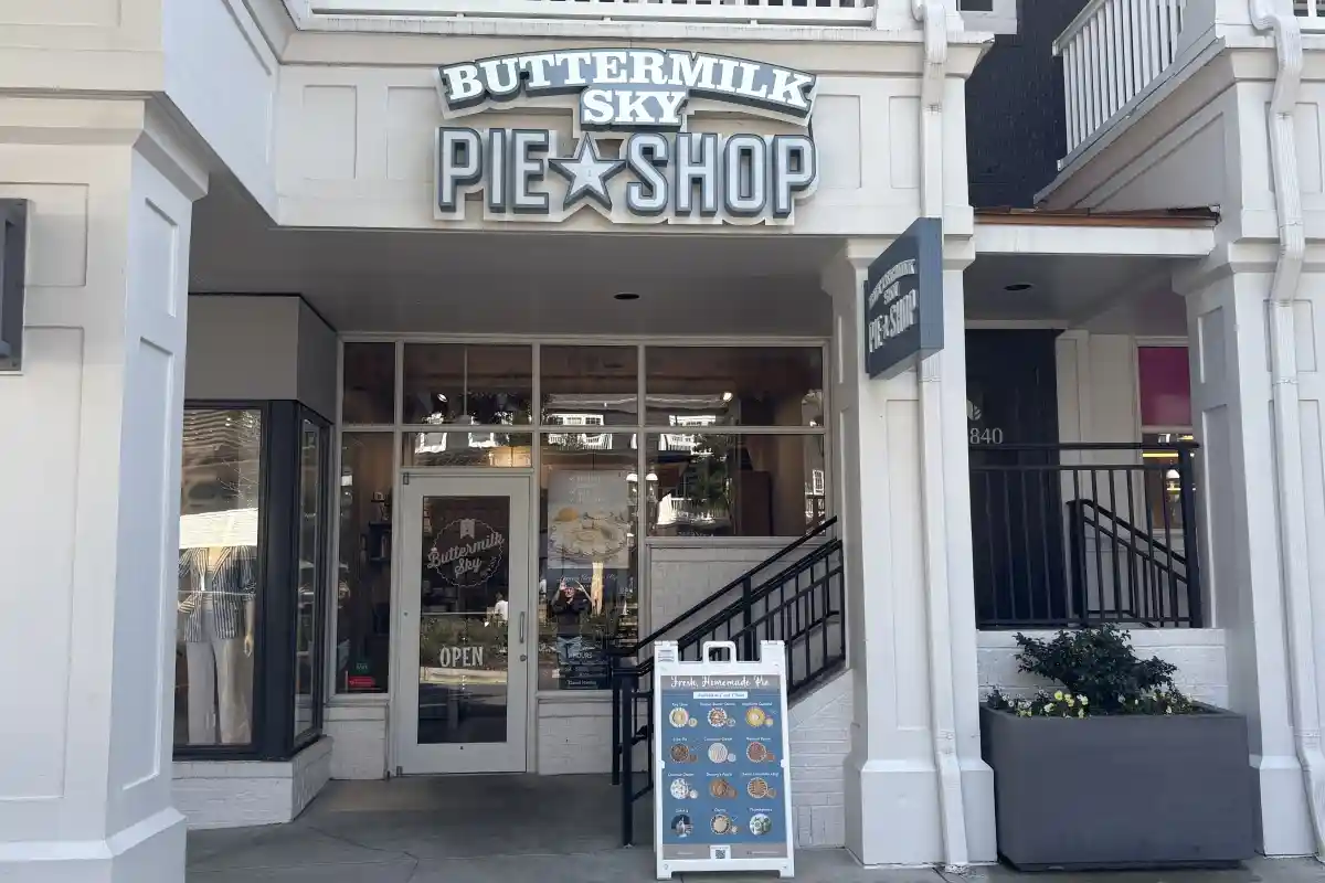 Entrance to Buttermilk Sky Pie Shop with sandwich board sign