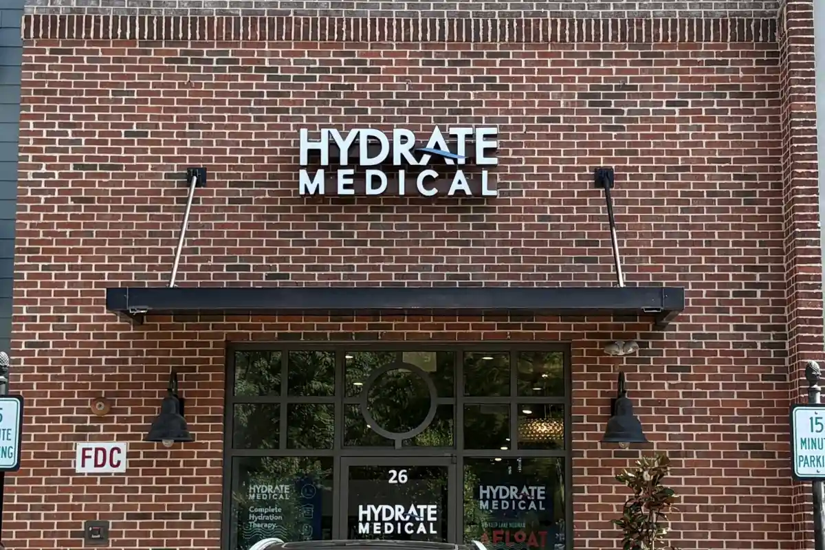 Entrance to Hydrate Medical with branded sign