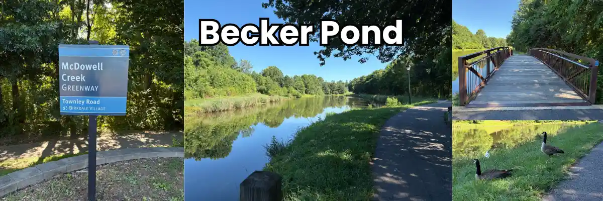 A collage of images of places to fish at Becker Pond and the sign for he greenway to reach it