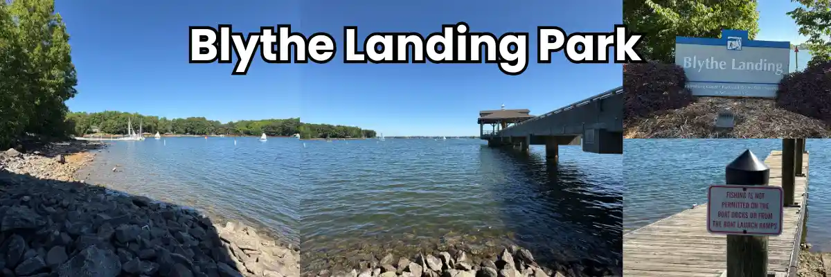 A collage of pictures of places to fish and signs at Blythe Landing Park
