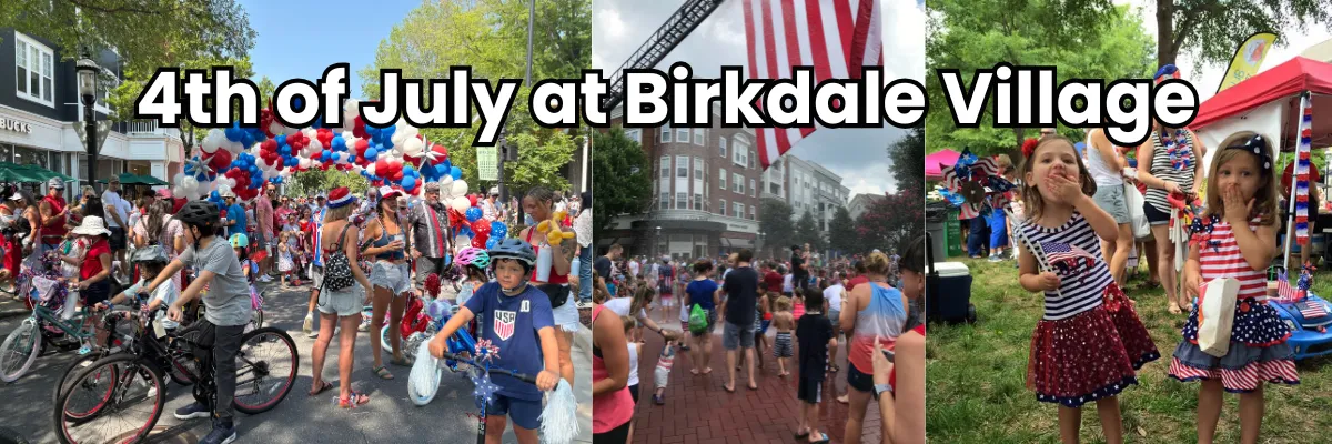 Kids on bikes and scooters, eating popcorn, and waiving American flags in Birkdale Village for their annual Independence Day celebration