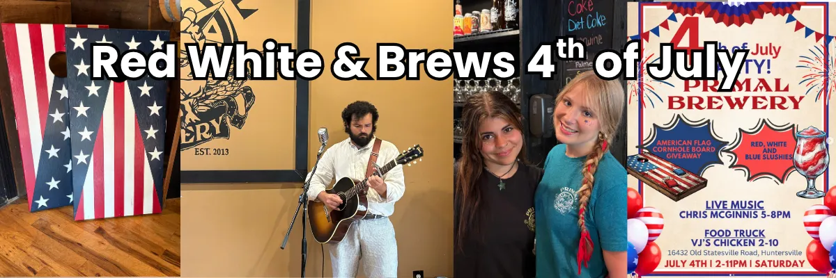 Primal Brewery in Huntersville on their annual 4th of July event, including a live musician, red white and blue cornhole boards, and smiling staff members