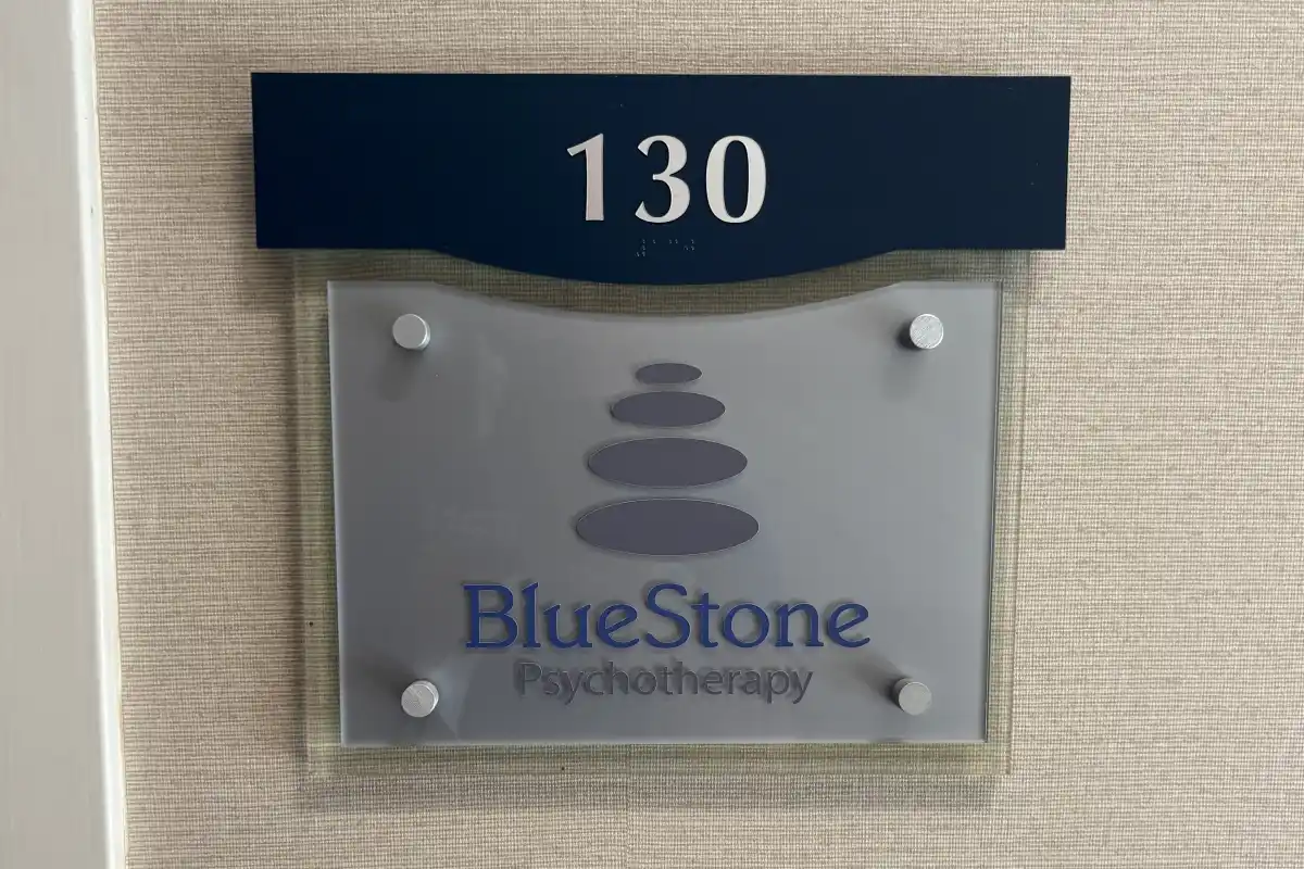 Door sign for BlueStone Psychotherapy