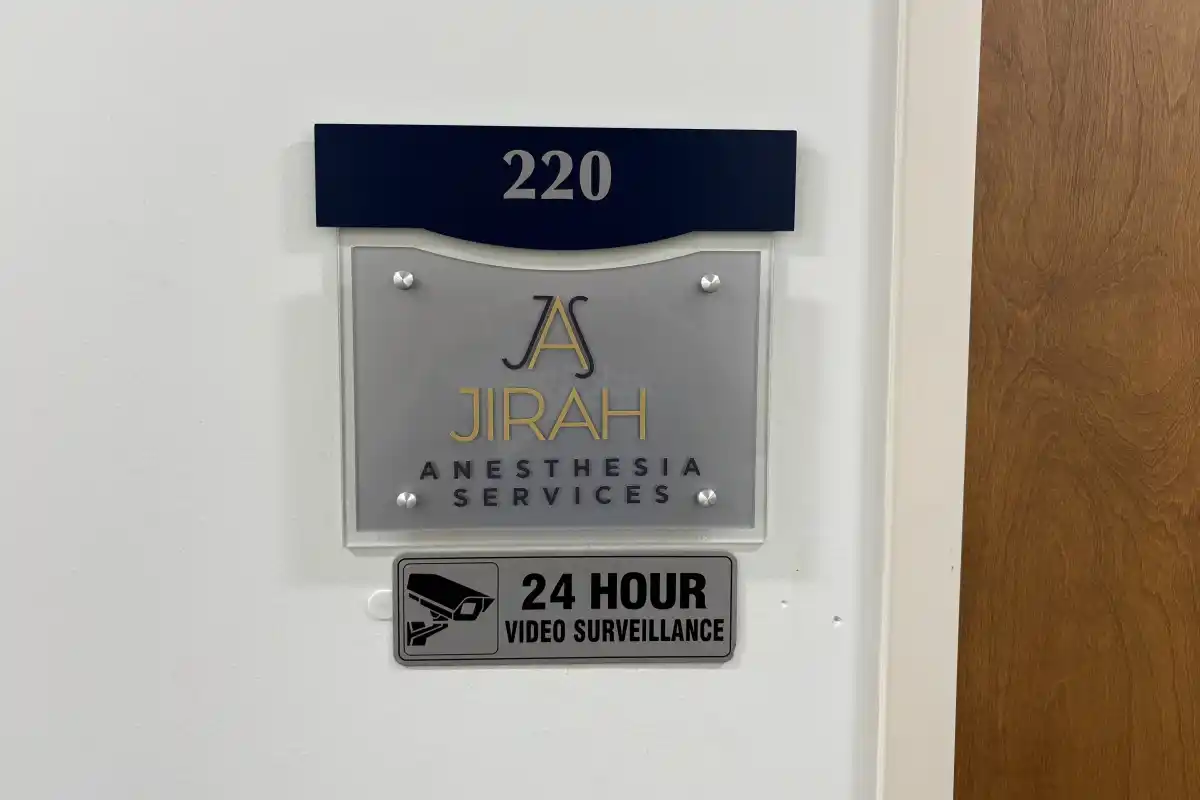 Door sign for Jirah Anesthesia office