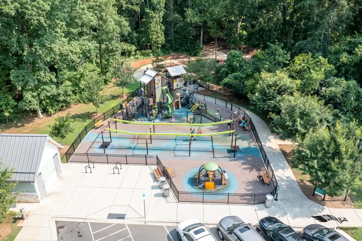 Aerial view of the enclosed playground space at Rosedale Nature Park