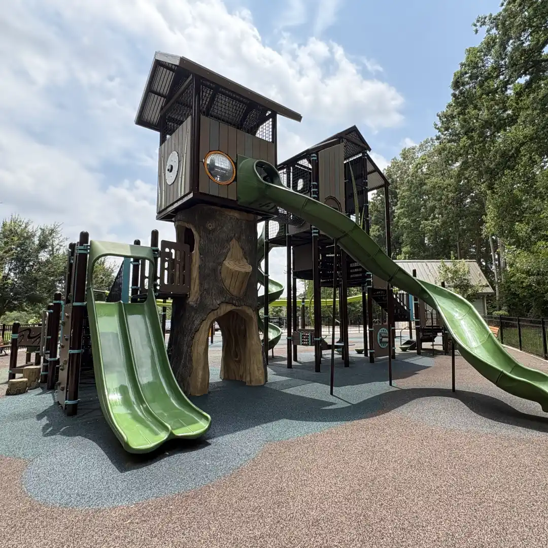 Treehouse-style playground structure with slides built around a tree trunk base at Rosedale Nature Park