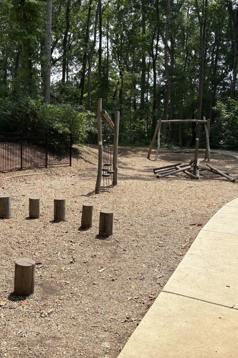 Wooden balance posts, a tree swing, and a log pile in the natural play area at Rosedale Nature Park