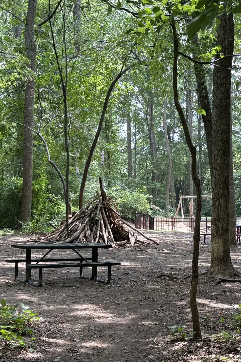Picnic table in a shaded, wooded part of the natural play area at Rosedale Nature Park