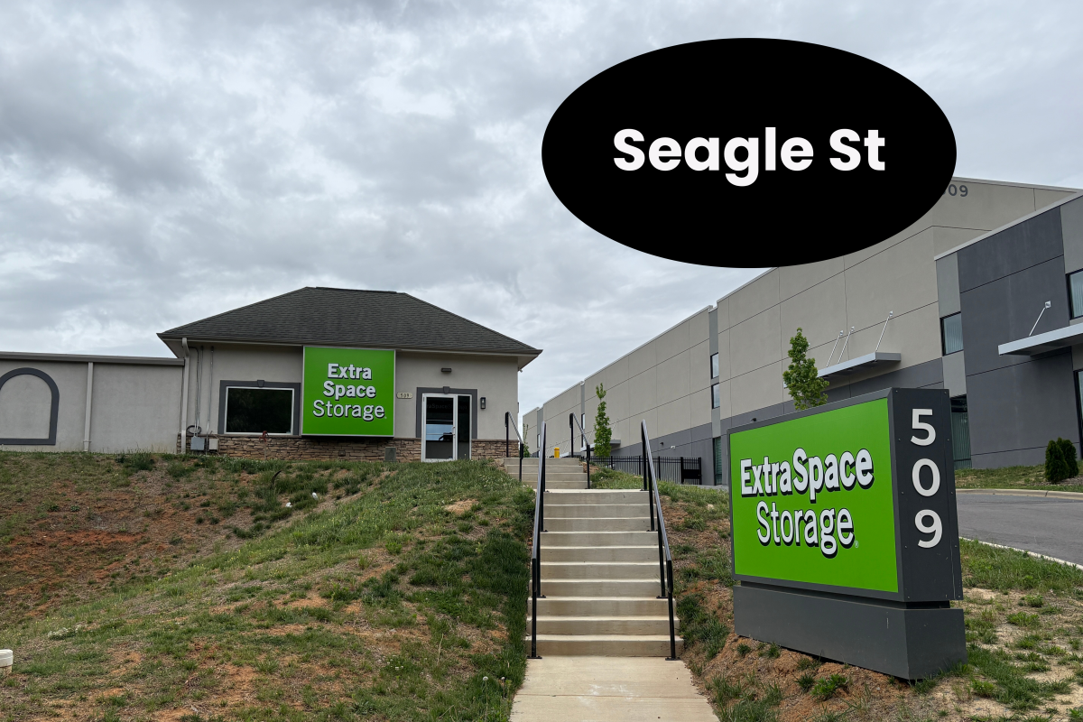 Extra Space Storage facility sign and building exterior on Seagle Street
