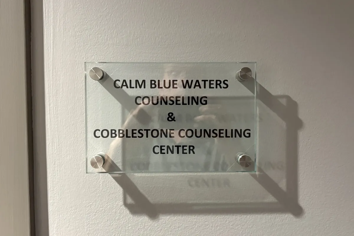 Calm Blue Waters Counseling office placard sign