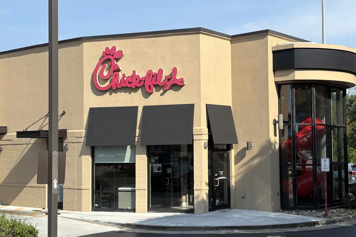 Side of building and play area of Chick-fil-A