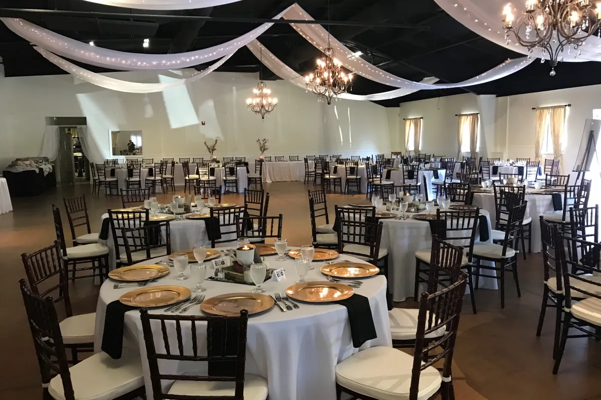 Magnolia Woods Events ballroom venue with drapped ceiling