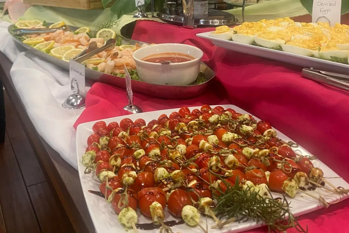 Caprese skewers and shrimp platter from Savory Moments Catering