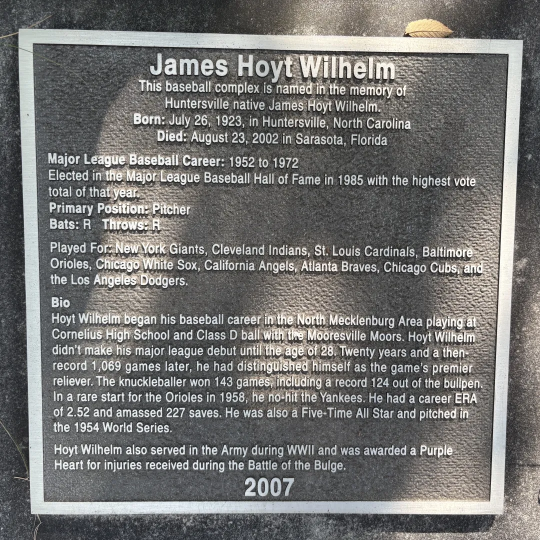 Memorial plaque honoring Huntersville native and MLB Hall of Famer Hoyt Wilhelm at Huntersville Athletic Park