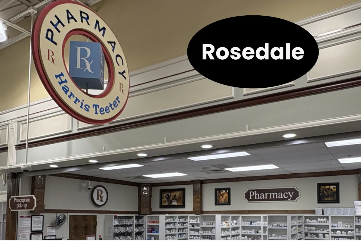 Pharmacy counter signage inside Harris Teeter Pharmacy at Rosedale Shopping Center