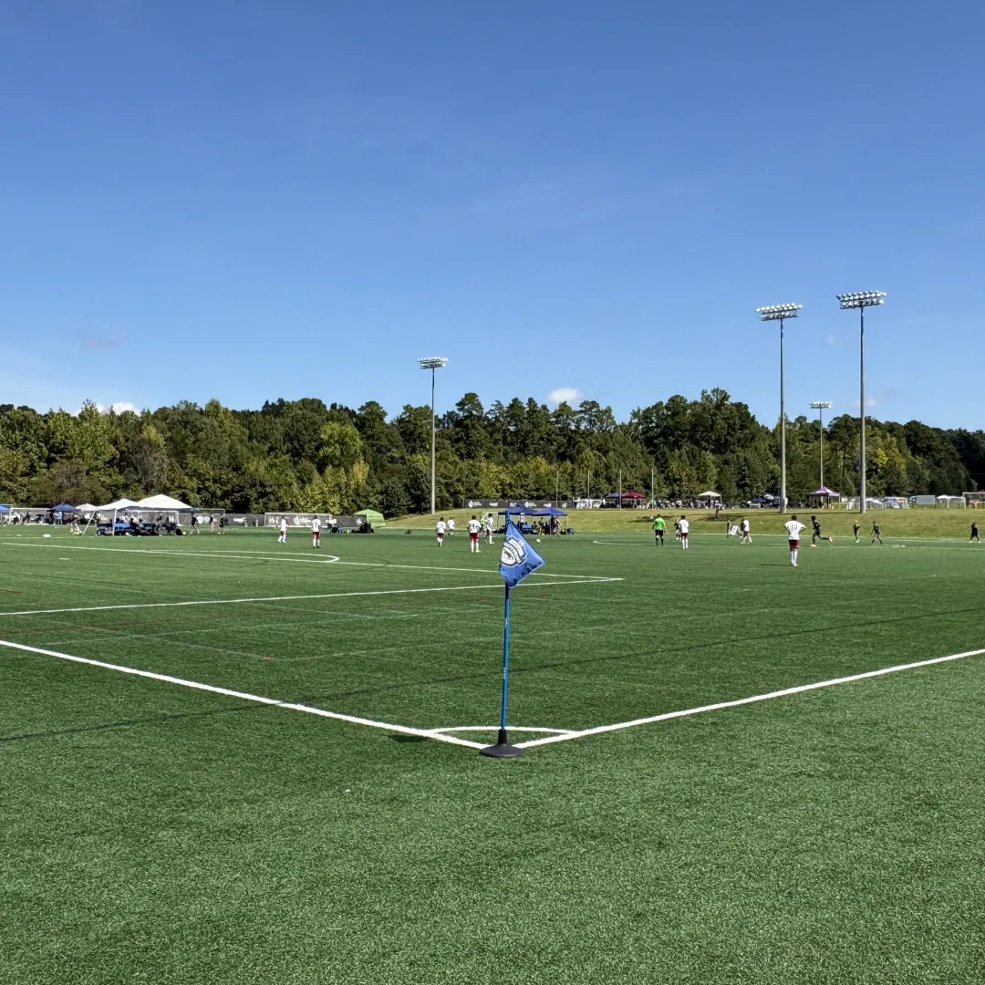 Corner flag on a synthetic turf field at Richard Barry Memorial Park during a game