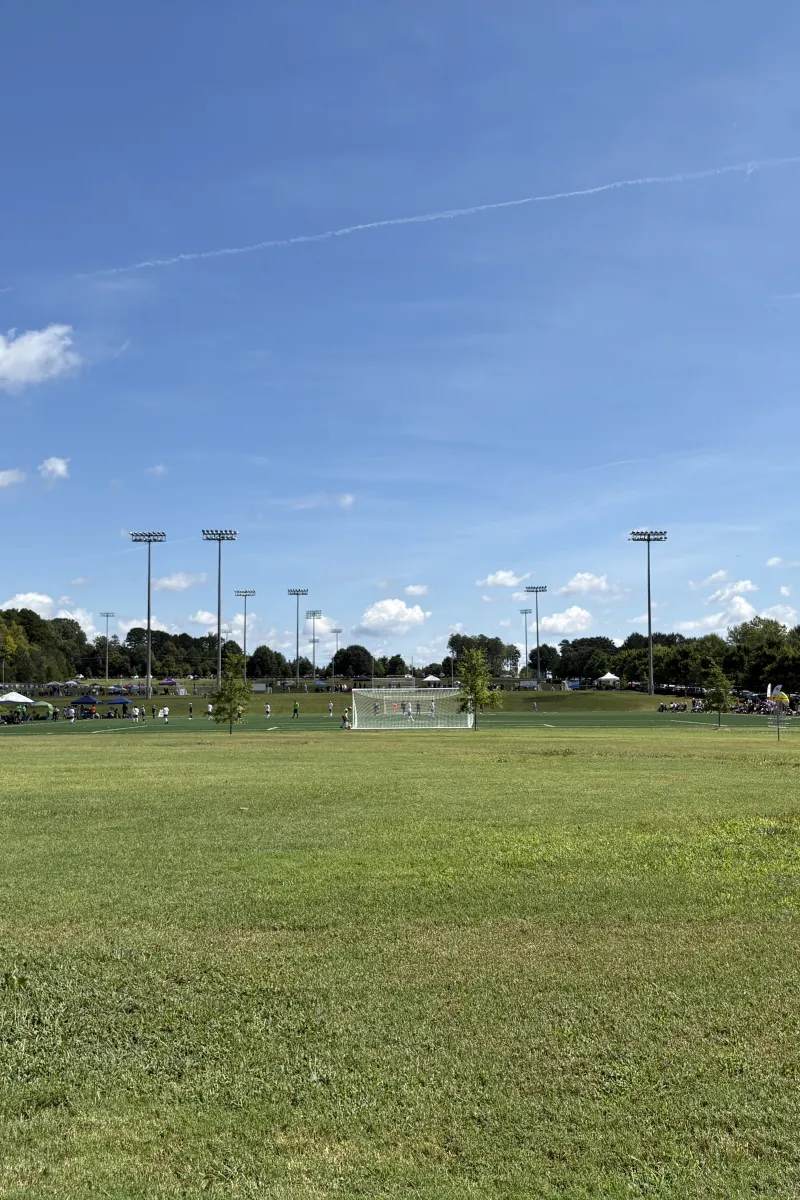 Grass field with a soccer goal and light poles at Richard Barry Memorial Park