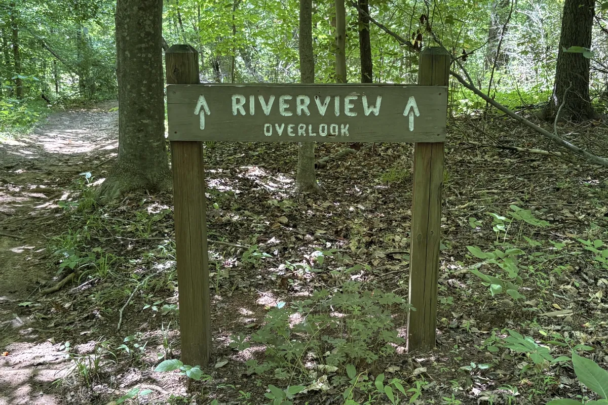 Riverview Overlook trail sign along the Riverview Loop at Buckeye Cove Nature Preserve