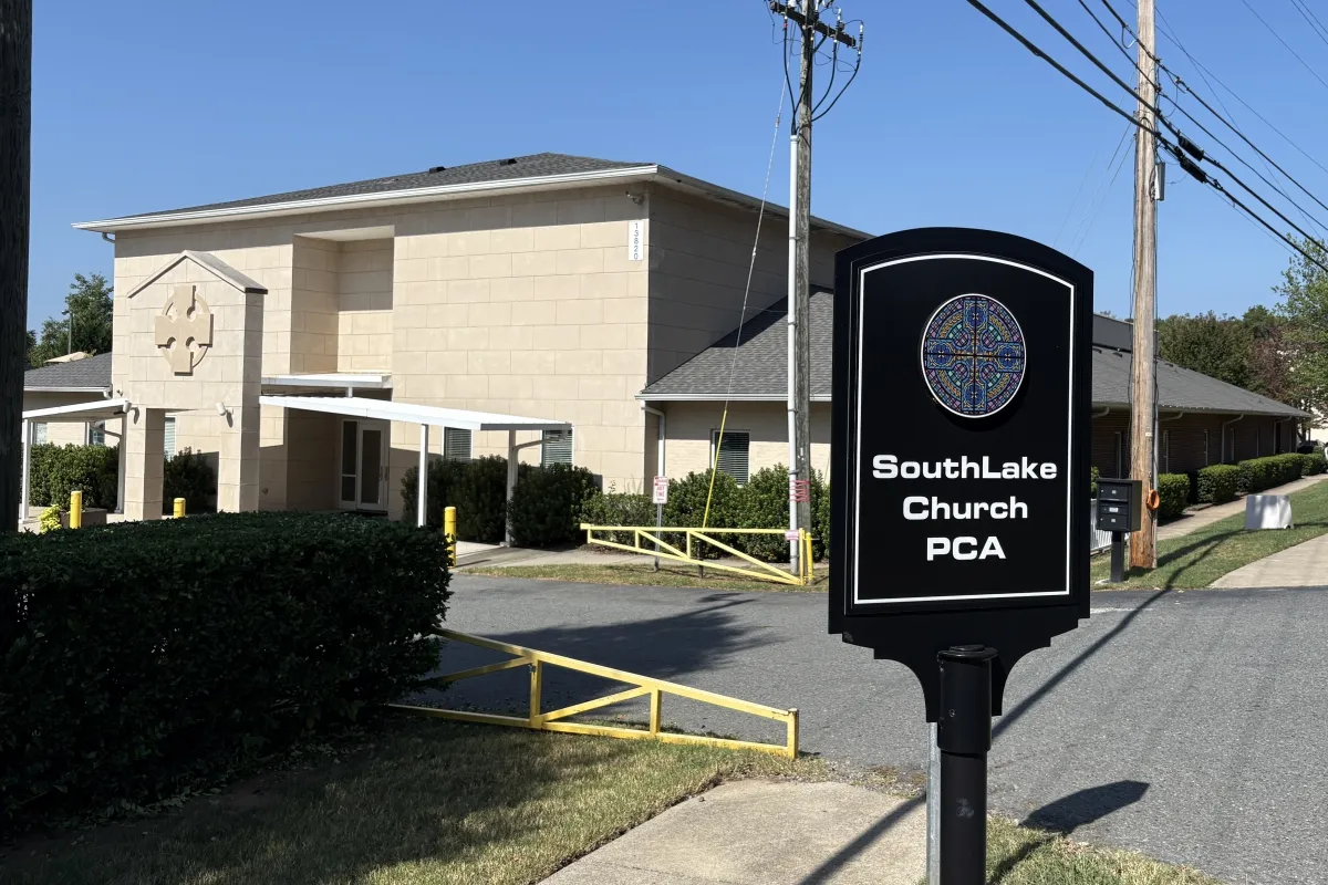 Sign and church exterior of SouthLake Presbyterian Church