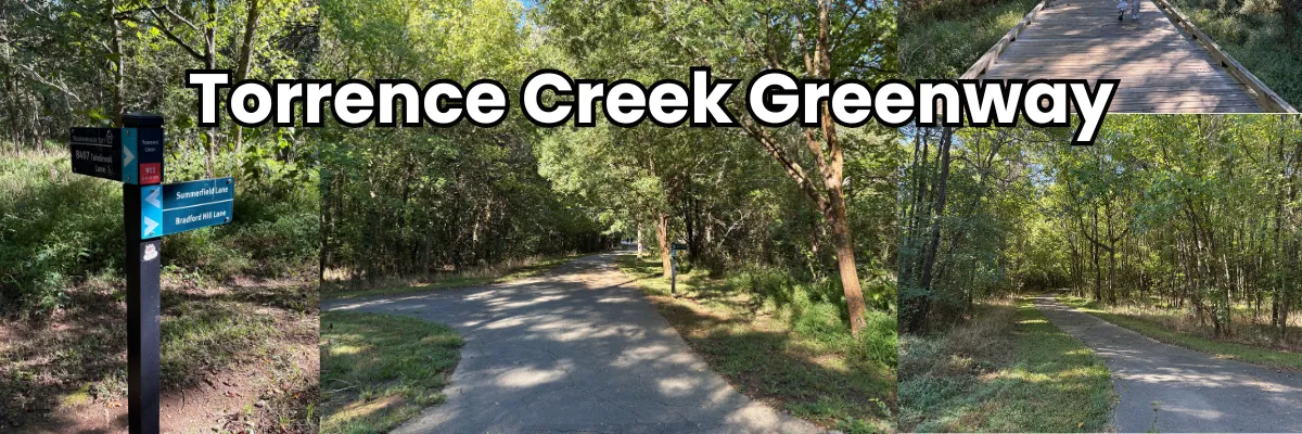A collage of pictures of the walking trail at Torrence Creek Greenway