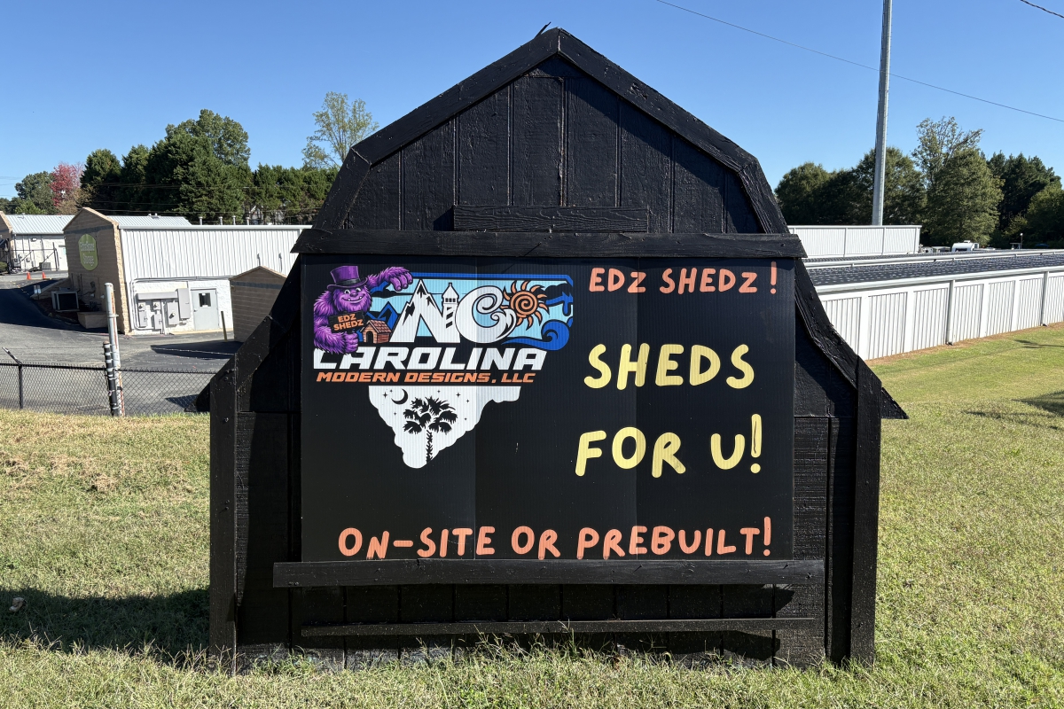 Shed with sign for Carolina Modern Designs- Edz Shedz