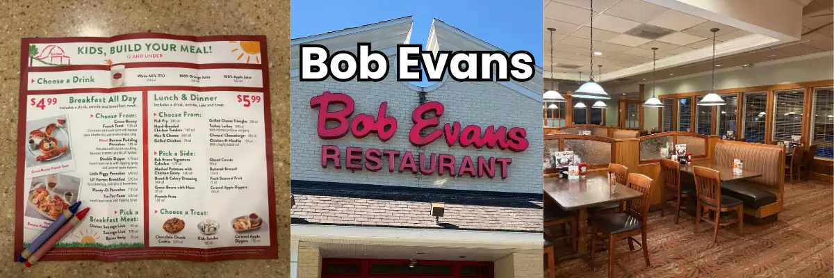 Bob Evans kids' menu with crayons, the Bob Evans sign in Huntersville, and booths in the dining room