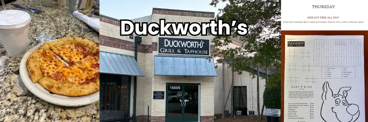 Duckworth's kids' cheese pizza, the Duckworth's Grill & Taphouse entrance in Huntersville, and the Thursday deal with the kids' activity menu