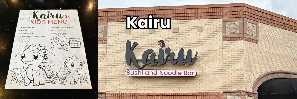 Kairu kids' coloring menu with dinosaurs and the Kairu Sushi and Noodle Bar sign on the building exterior