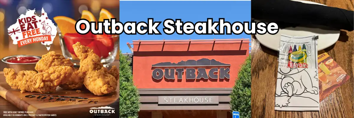 Outback Kids Eat Free Every Monday ad, the Outback Steakhouse sign in Huntersville, and a kids' coloring menu with crayons