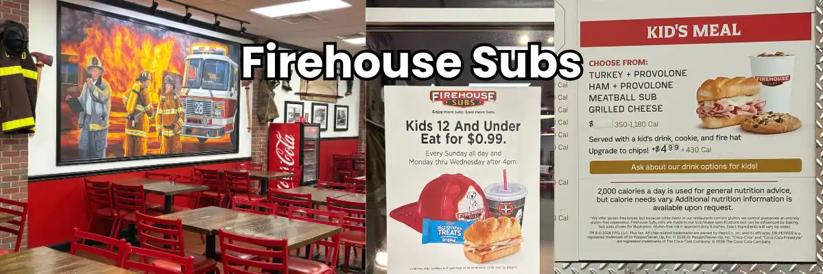 Firefighter mural in the Firehouse Subs dining room in Huntersville, the $0.99 kids' meal poster, and the kids' meal menu board