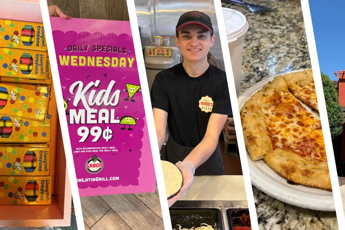 A collage of images from restaurants offering kid eat free meal deals.
