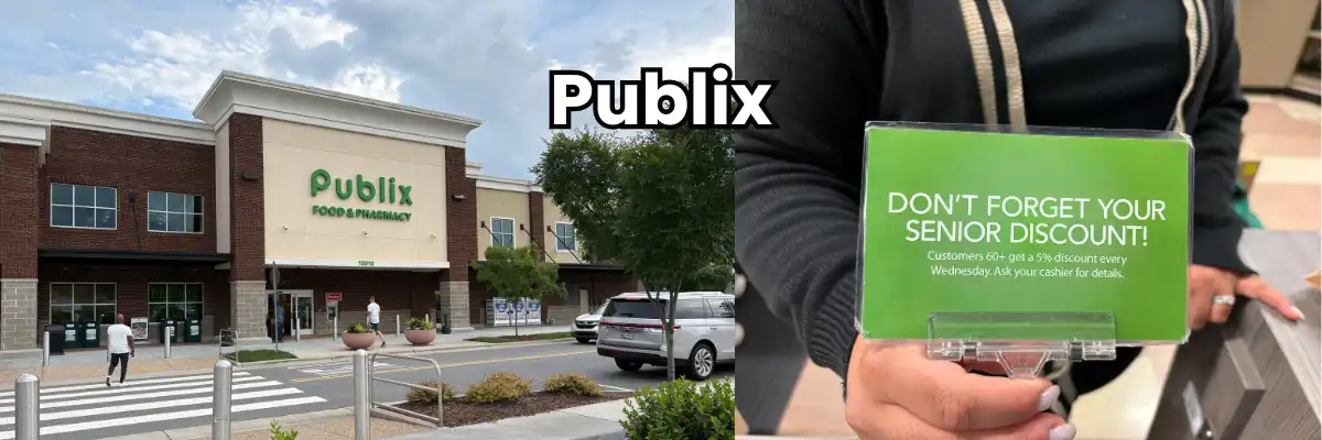 Building exterior for Publix in Huntersville and sign advertising the senior discount