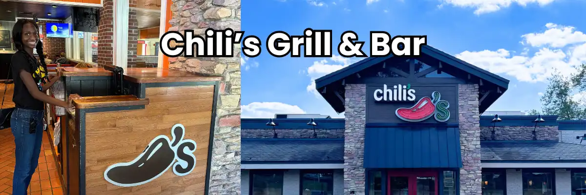Chili's Grill & Bar exterior sign and smiling hostess