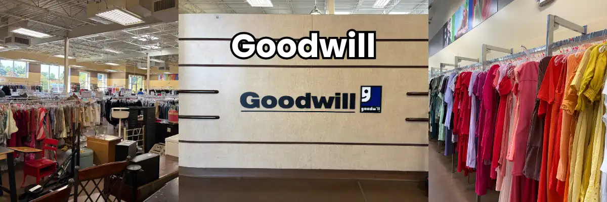 Goodwill interior signage, colorful clothing rack and donated home goods for sale
