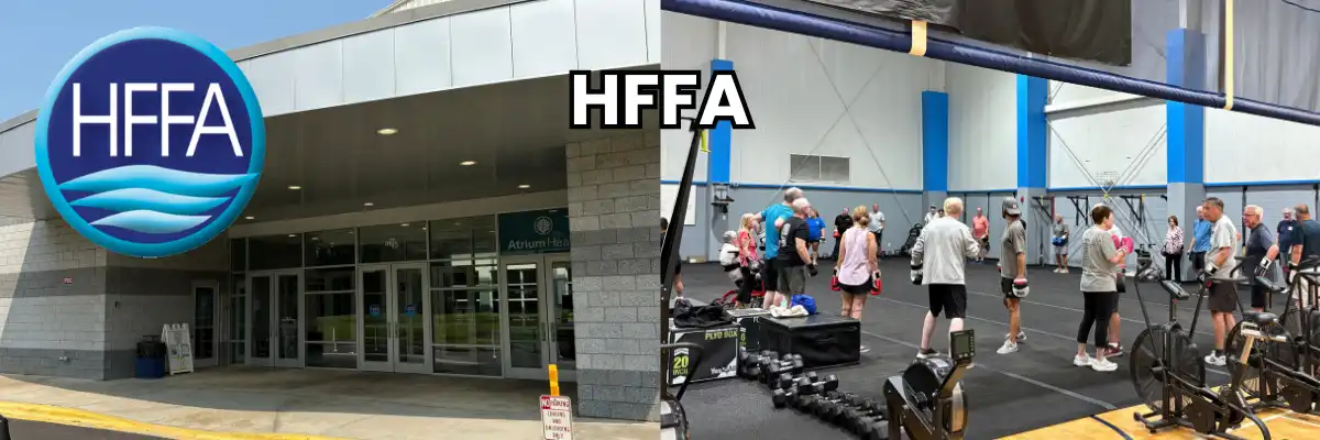 Building exterior and exercise room with senior citizens at Huntersville Family Fitness and Aquatics