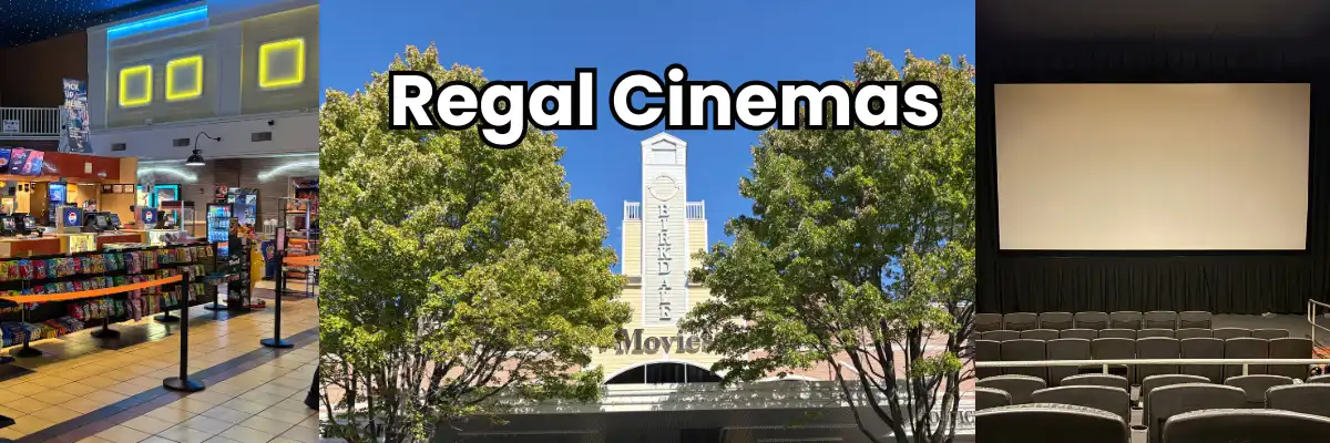 Collage of the concession stand, exterior and seats and a movie screen at Regal Cinemas in Huntersville.