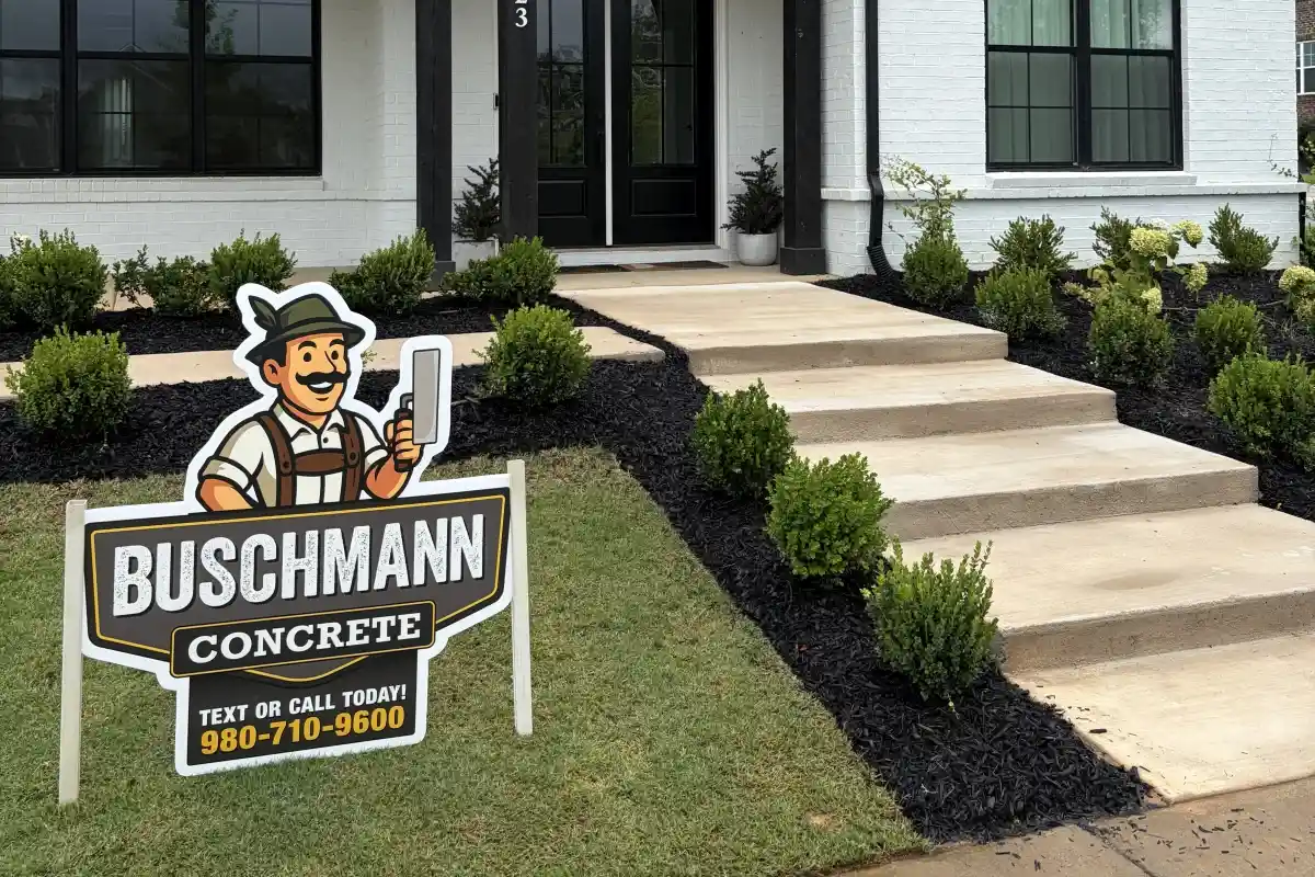 A front walkway of concrete steps leading to a home and a sign for Buschmann Concrete